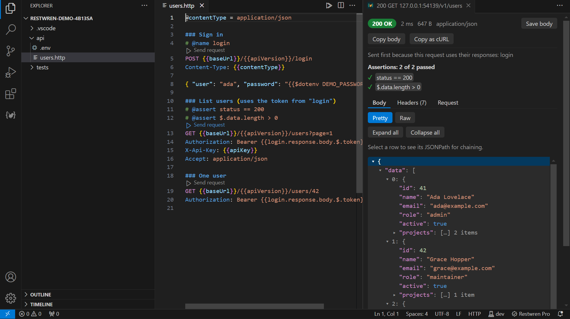 Restwren in VS Code: a .http file with Send request links on the left and the formatted JSON response on the right